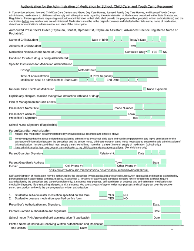 Authorization For The Administration Of Medication By School, Child Care, And Youth Camp Personnel screenshot