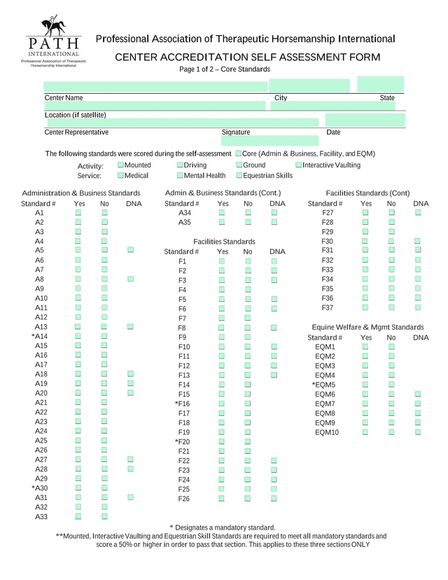 CENTER ACCREDITATION SELF ASSESSMENT FORM screenshot