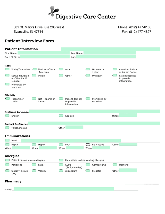 Patient Interview Form screenshot