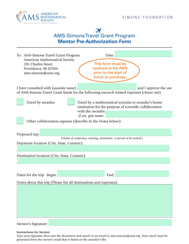 AMS Simons Travel Grant Program Mentor Pre Authorization Form screenshot