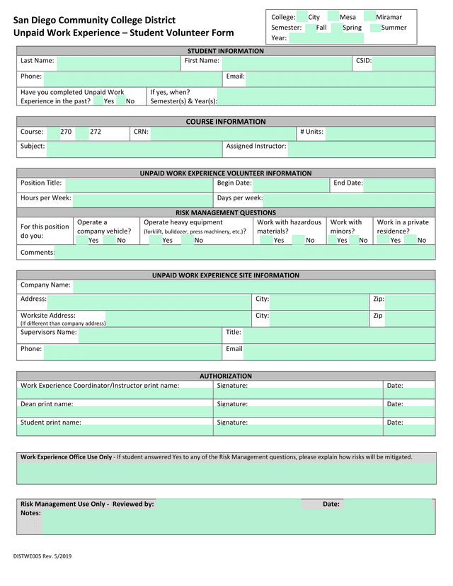 Unpaid Work Experience  Student Volunteer Form screenshot