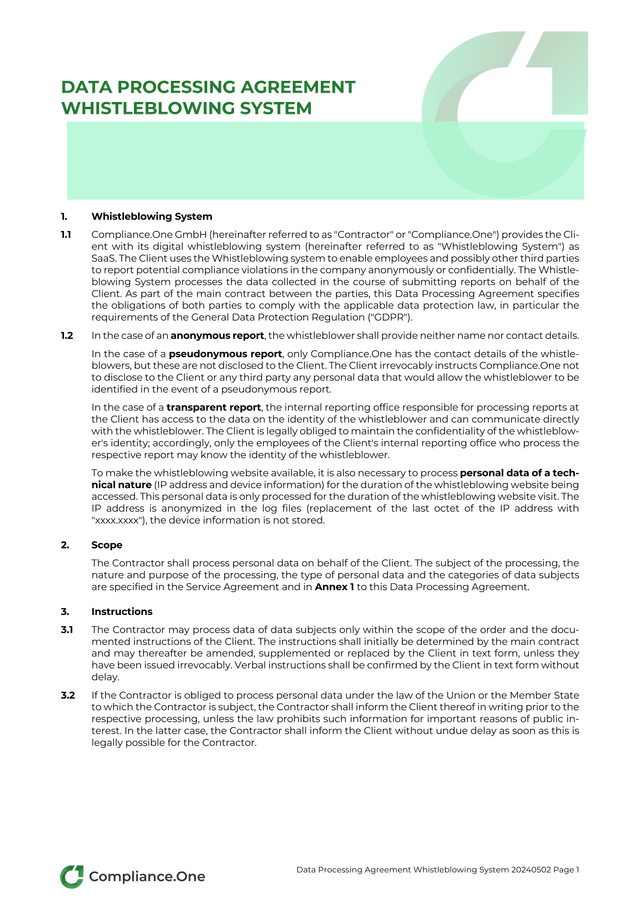 Data Processing Agreement Whistleblowing System screenshot