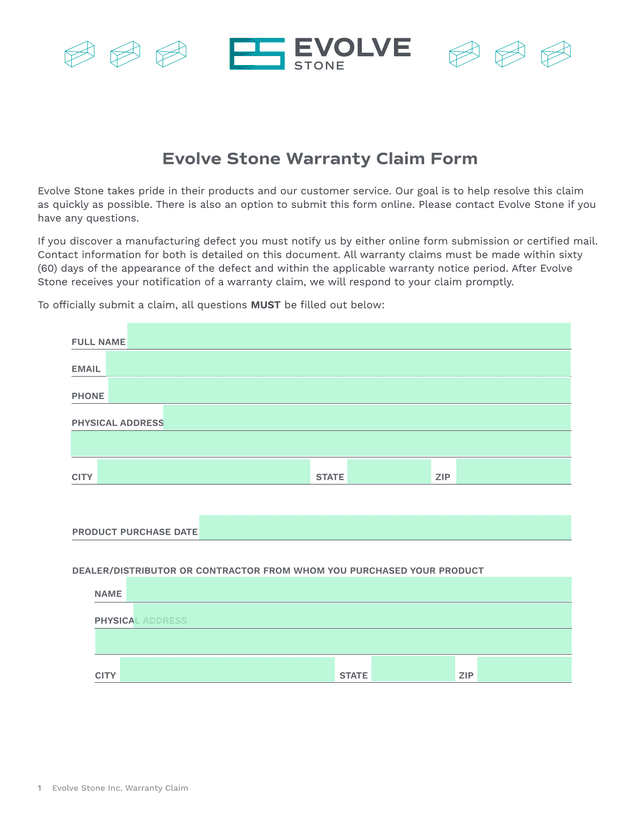 Evolve Stone Warranty Claim Form screenshot