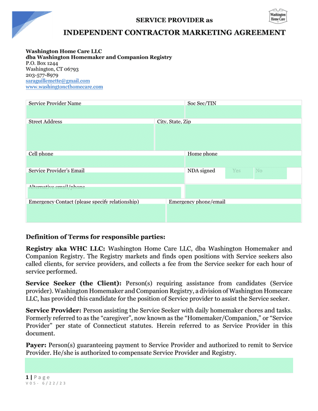 Service Provider As Independent Contractor Marketing Agreement screenshot