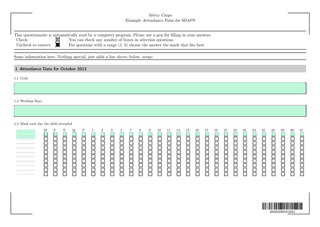 Example Attendance Form For SDAPS screenshot
