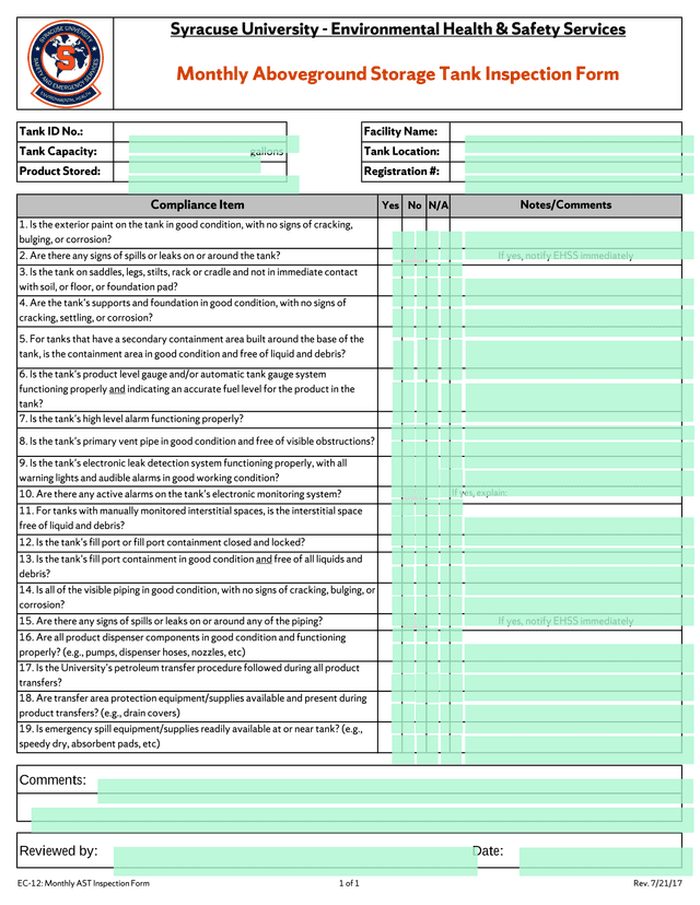 EC 12 Monthly AST Inspection Form screenshot