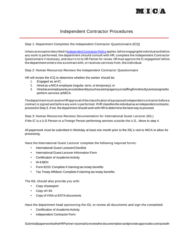 Independent Contractor Procedures screenshot