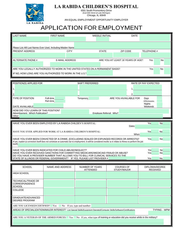 APPLICATION FOR EMPLOYMENT screenshot