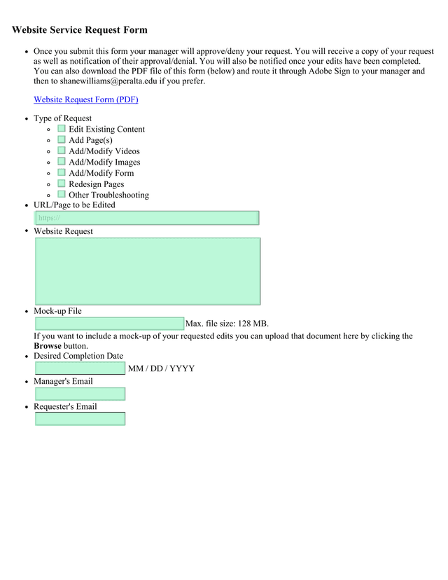 Website Service Request Form screenshot