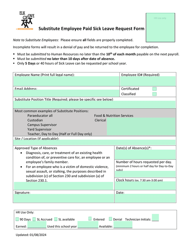 Substitute Employee Paid Sick Leave Request Form screenshot