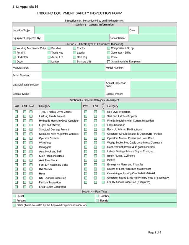 INBOUND EQUIPMENT SAFETY INSPECTION FORM screenshot