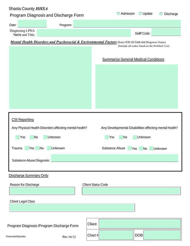 Shasta County HHSA Program Diagnosis And Discharge Form screenshot