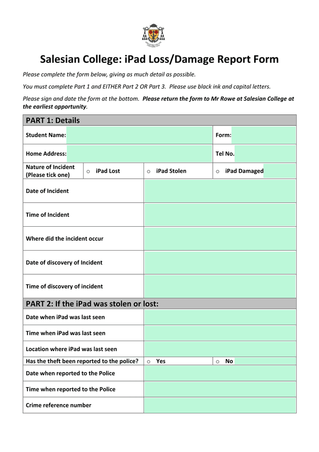 Salesian College IPad LossDamage Report Form screenshot