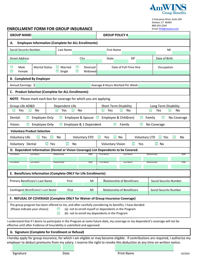 ENROLLMENT FORM FOR GROUP INSURANCE screenshot