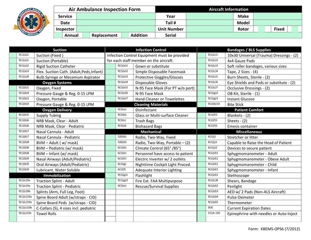 KBEMS OPS6 Air Ambulance Inspection Form screenshot