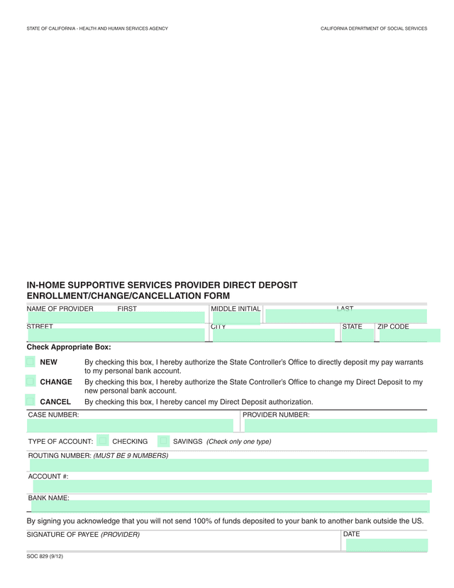 IN HOME SUPPORTIVE SERVICES PROVIDER DIRECT DEPOSIT ENROLLMENTCHANGECANCELLATION FORM screenshot
