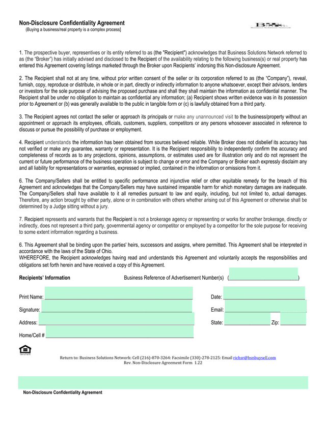 Non Disclosure Confidentiality Agreement screenshot