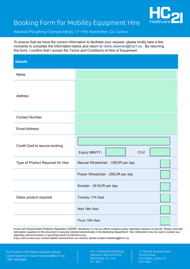 Booking Form For Mobility Equipment Hire screenshot