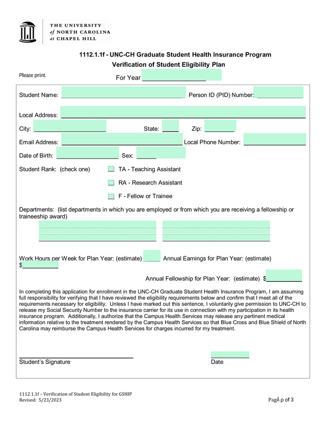 UNC CH Graduate Student Health Insurance Program Verification Of Student Eligibility Plan screenshot