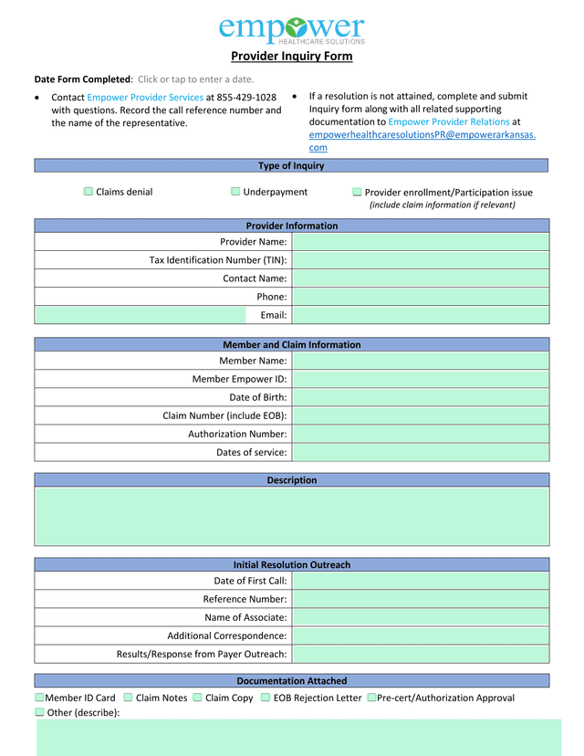Provider Inquiry Form screenshot