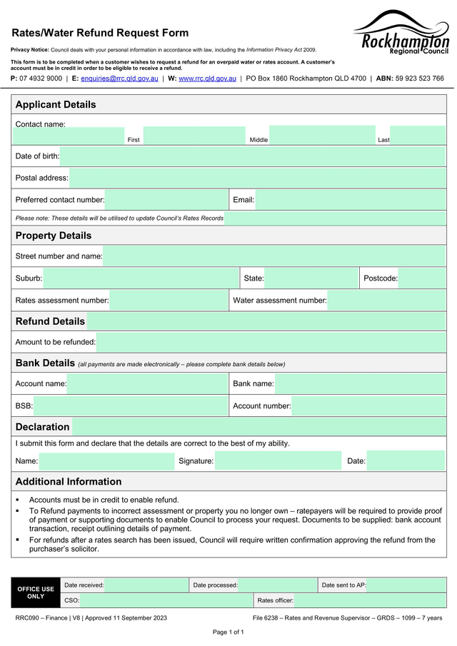 RatesWater Refund Request Form screenshot