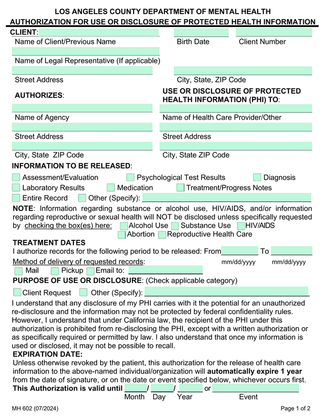 MH 602 (072024) Authorization For Use Or Disclosure Of Protected Health Information screenshot