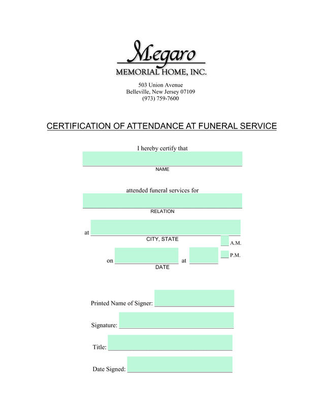 Certification Of Attendance At Funeral Service screenshot