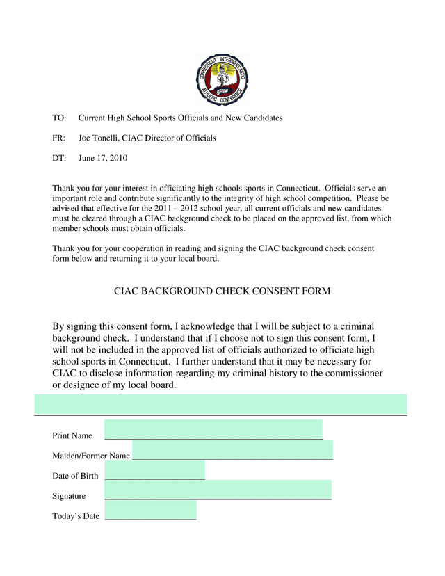 CIAC Background Check Consent Form screenshot