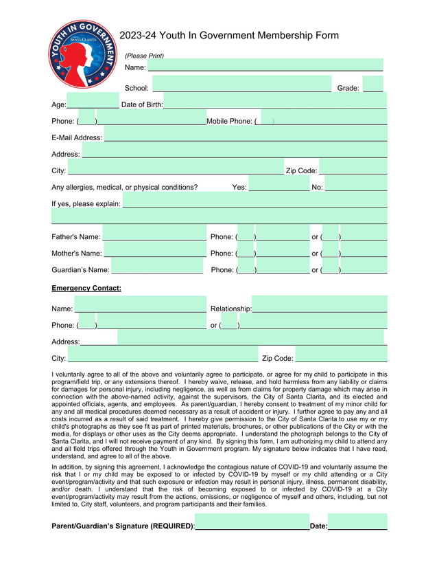 2023 24 Youth In Government Membership Form screenshot