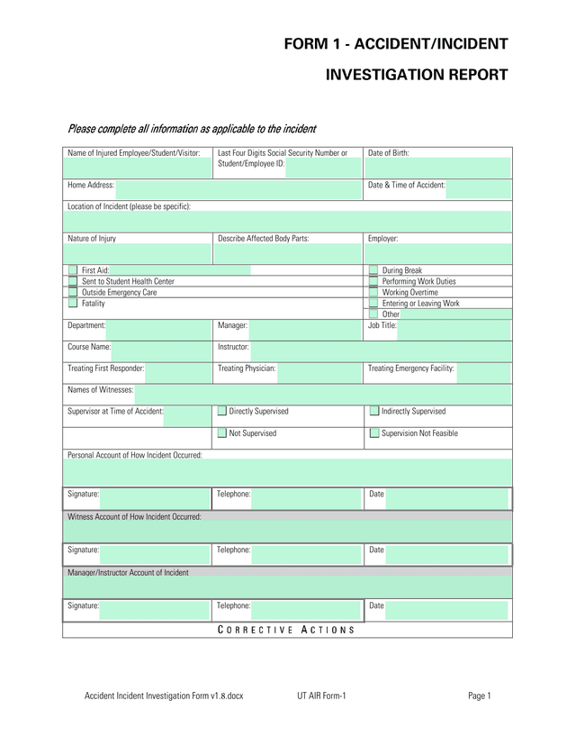 FORM 1   ACCIDENTINCIDENT INVESTIGATION REPORT screenshot