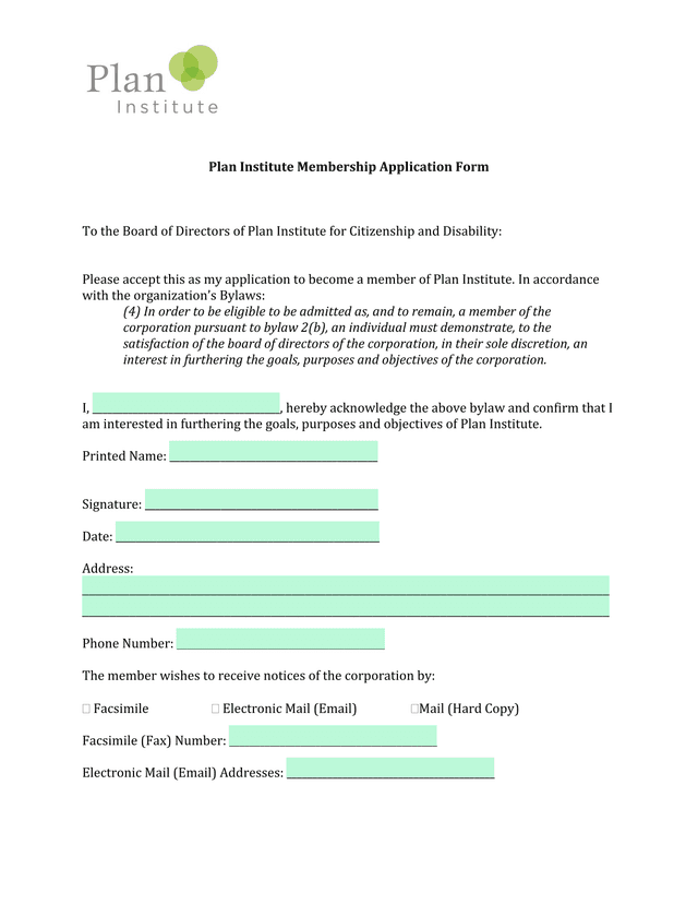 Plan Institute Membership Application Form screenshot