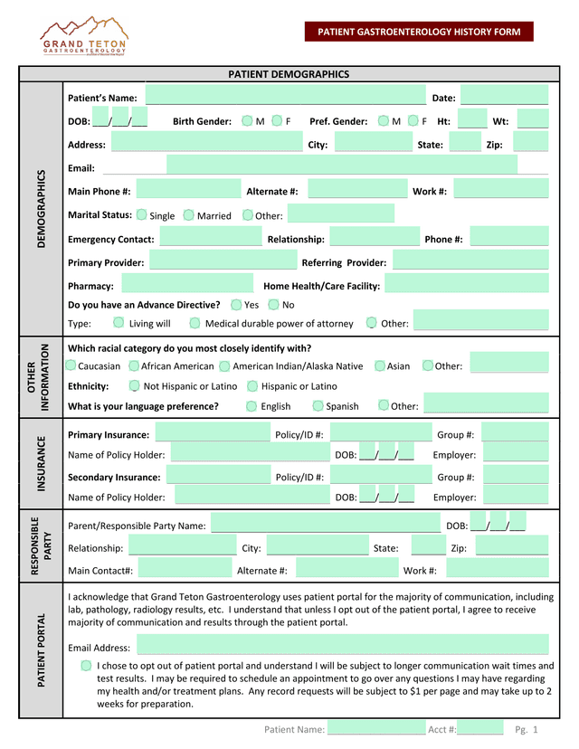 PATIENT GASTROENTEROLOGY HISTORY FORM screenshot
