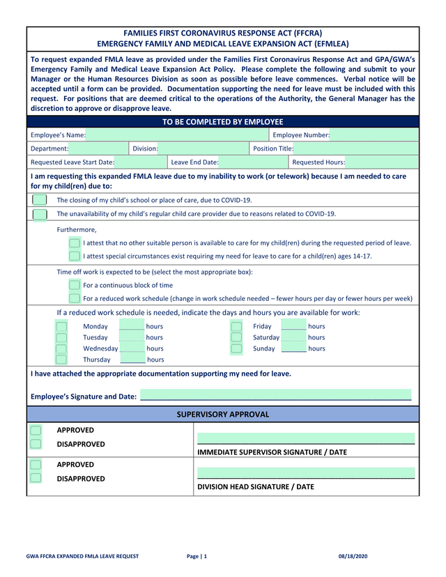 GWA FFCRA EXPANDED FMLA LEAVE REQUEST screenshot