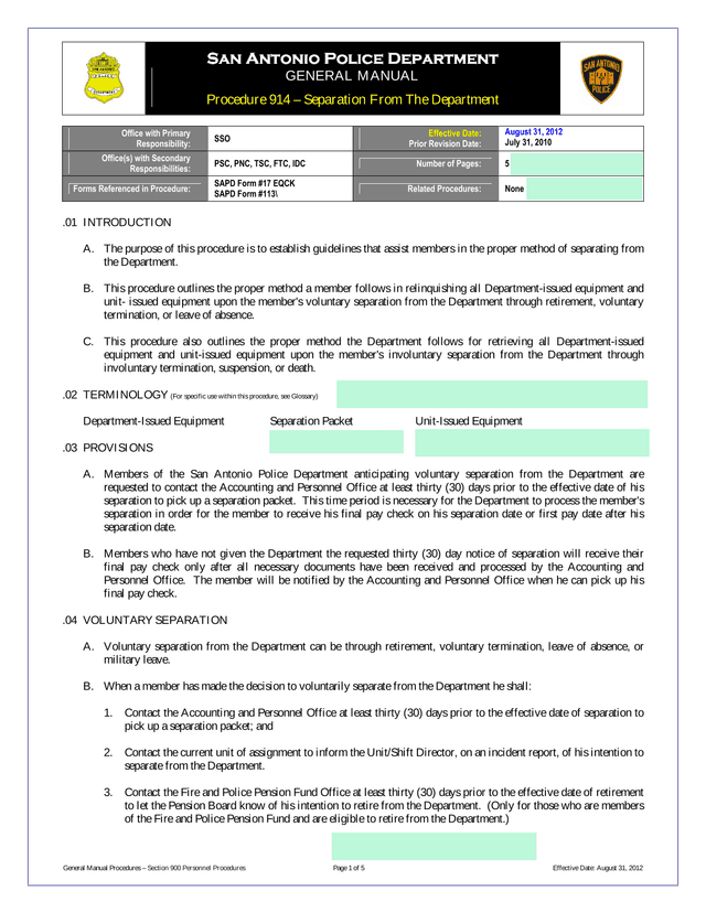 San Antonio Police Department General Manual   Procedure 914 screenshot