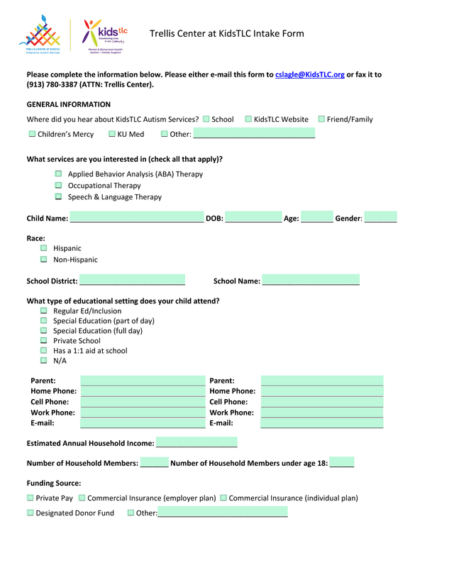Trellis Center At KidsTLC Intake Form screenshot