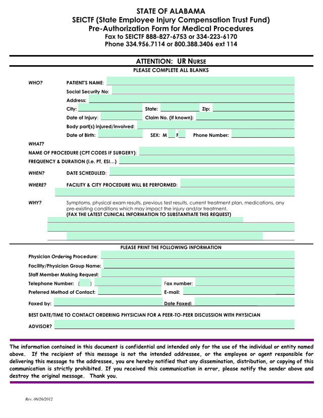 Pre Authorization Form For Medical Procedures screenshot