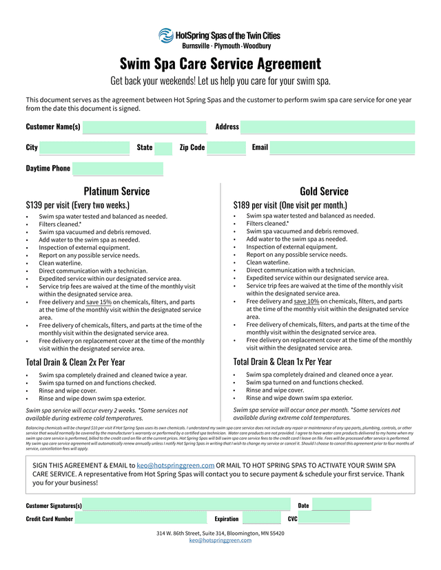 Swim Spa Care Service Agreement screenshot