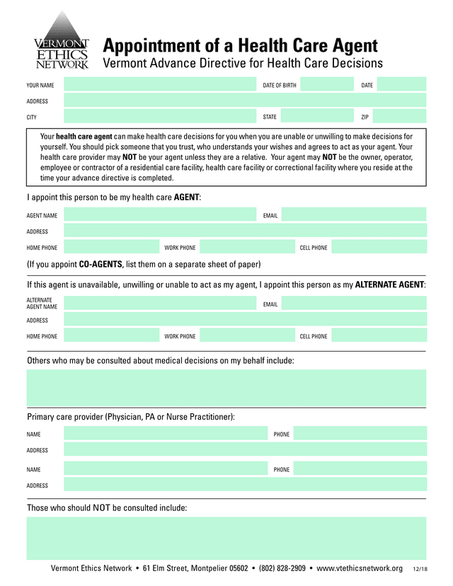 Vermont Advance Directive For Health Care Decisions screenshot