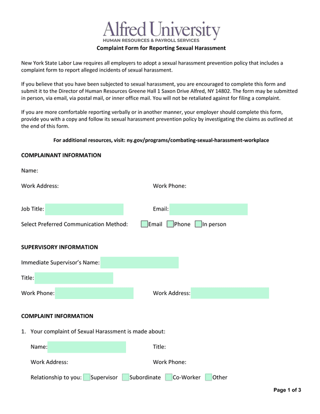 Complaint Form For Reporting Sexual Harassment screenshot