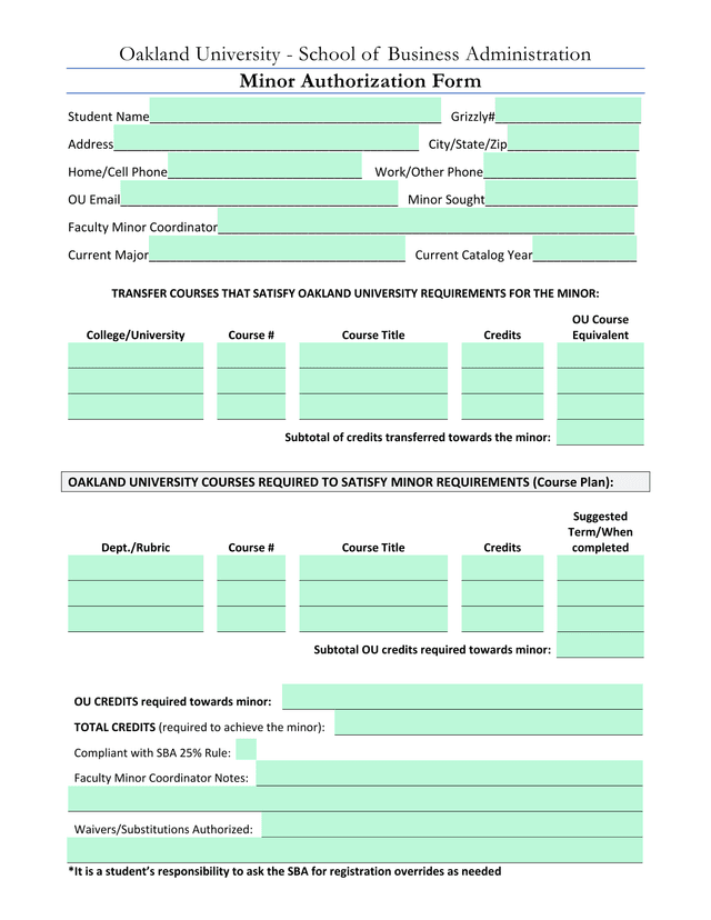 Minor Authorization Form screenshot