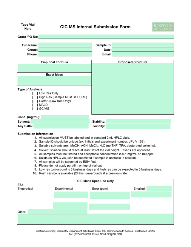 CIC Mass Spec Internal Submission Form screenshot