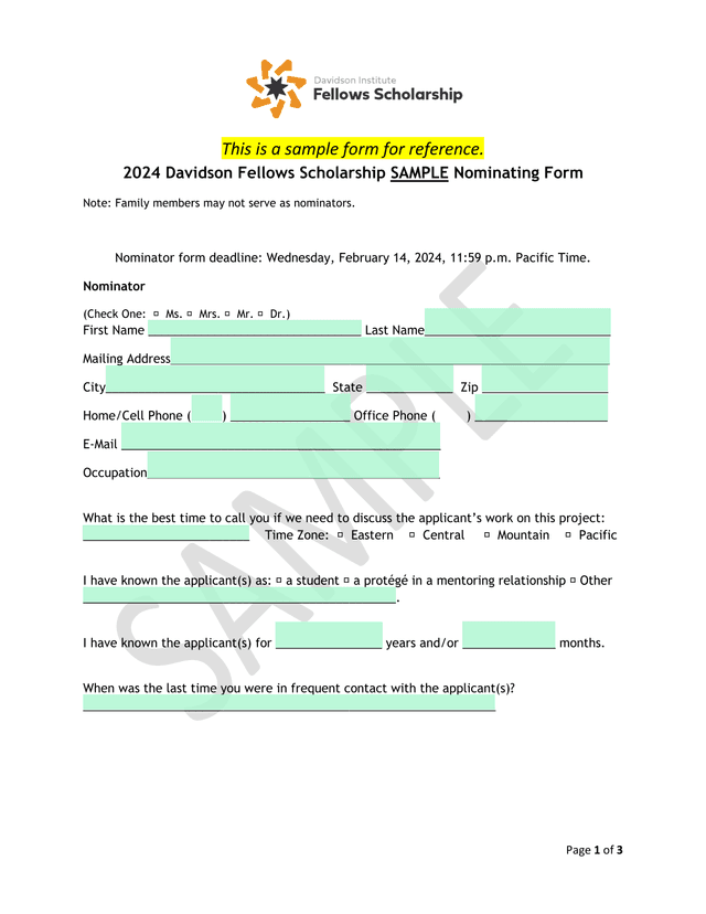 2024 Davidson Fellows Scholarship SAMPLE Nominating Form screenshot