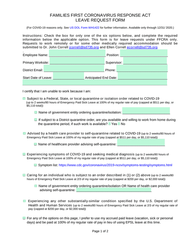 FAMILIES FIRST CORONAVIRUS RESPONSE ACT LEAVE REQUEST FORM screenshot