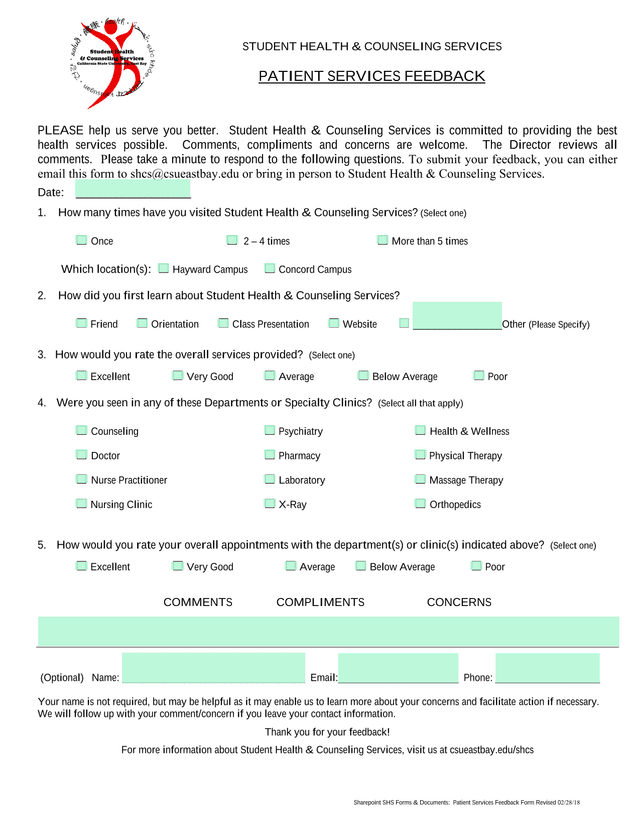 Patient Services Feedback Form screenshot
