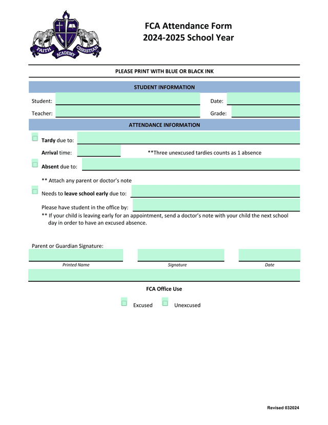 FCA Attendance Form screenshot