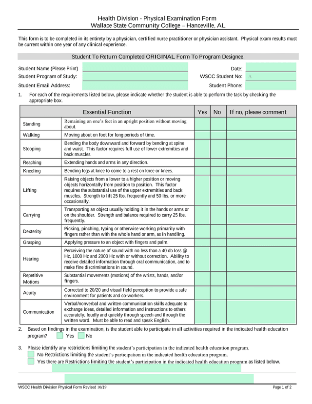 Health Division   Physical Examination Form screenshot