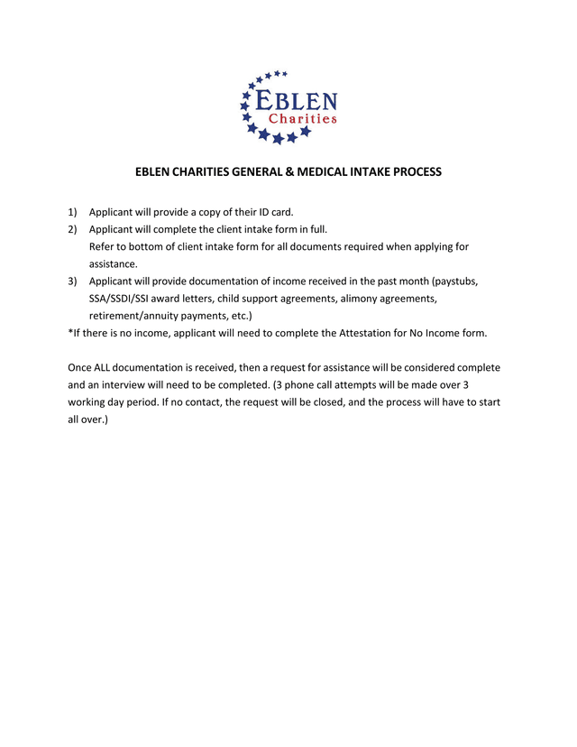 EBLEN CHARITIES GENERAL  MEDICAL INTAKE PROCESS screenshot