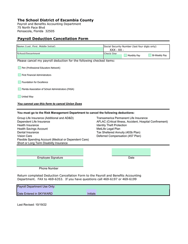 Payroll Deduction Cancellation Form screenshot