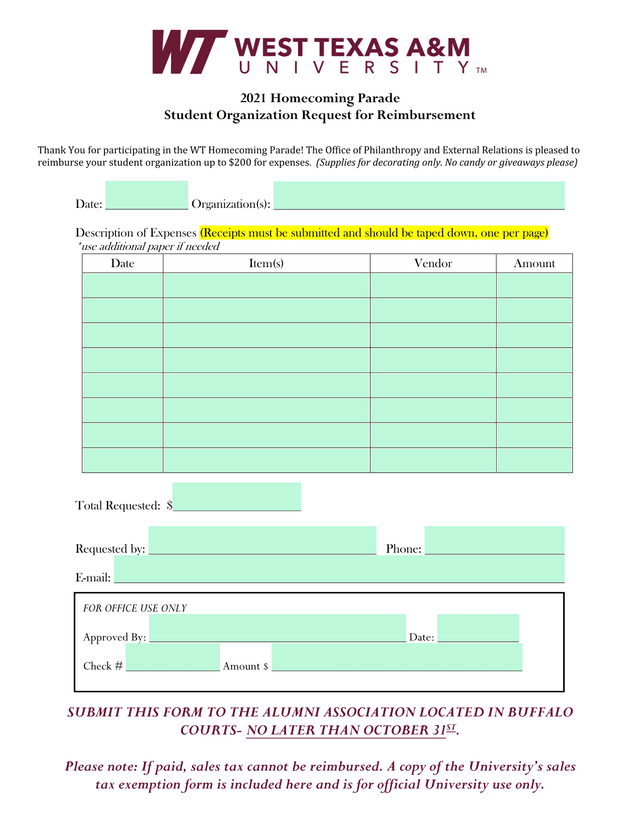 Student Organization Request For Reimbursement screenshot