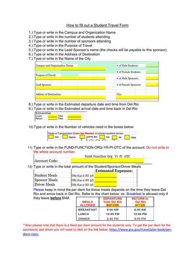 Student Travel Form screenshot
